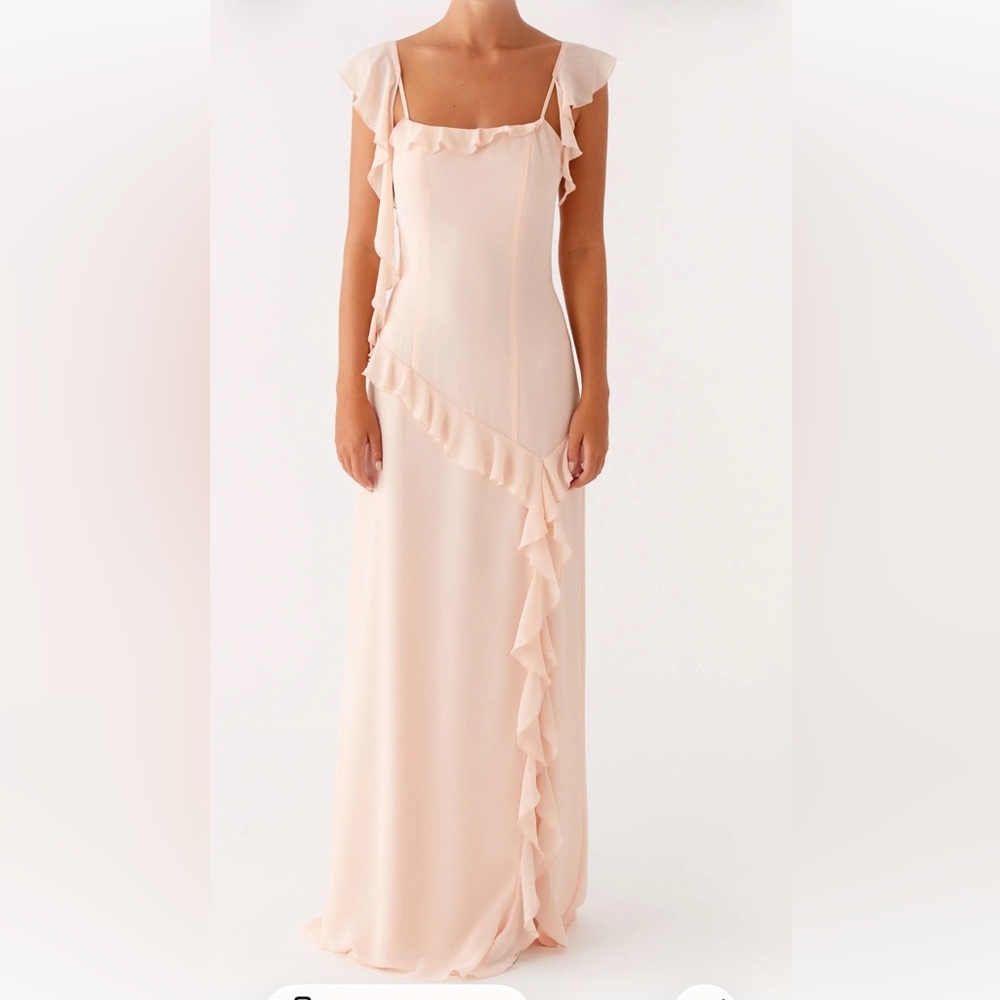 Peppermayo Asymmetrical Peach Dress with Ruffles. Brand new never worn! Size 2